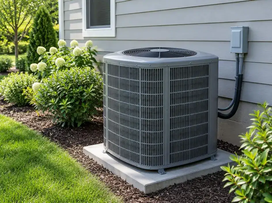 Air conditioner condenser unit beside a house exterior