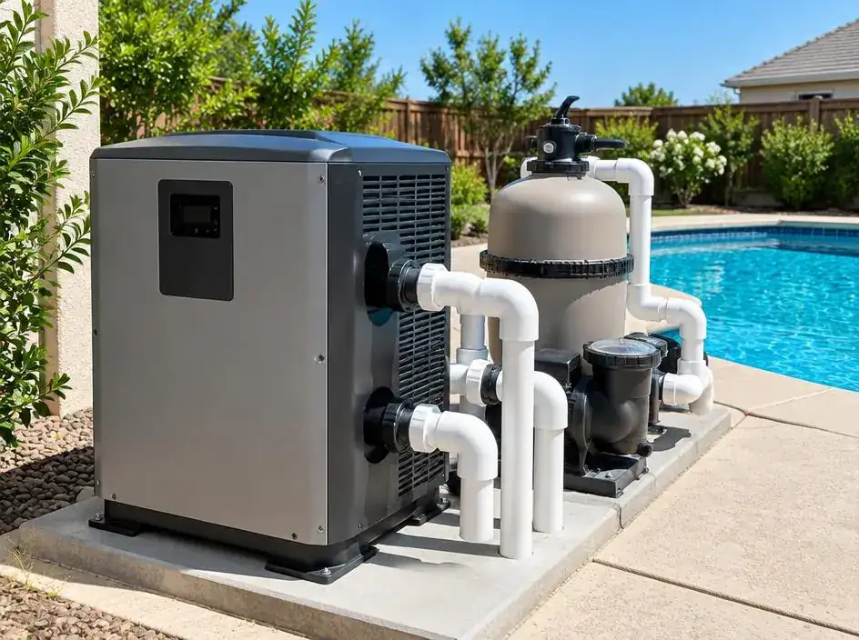 Pool heater and filtration equipment beside a backyard swimming pool